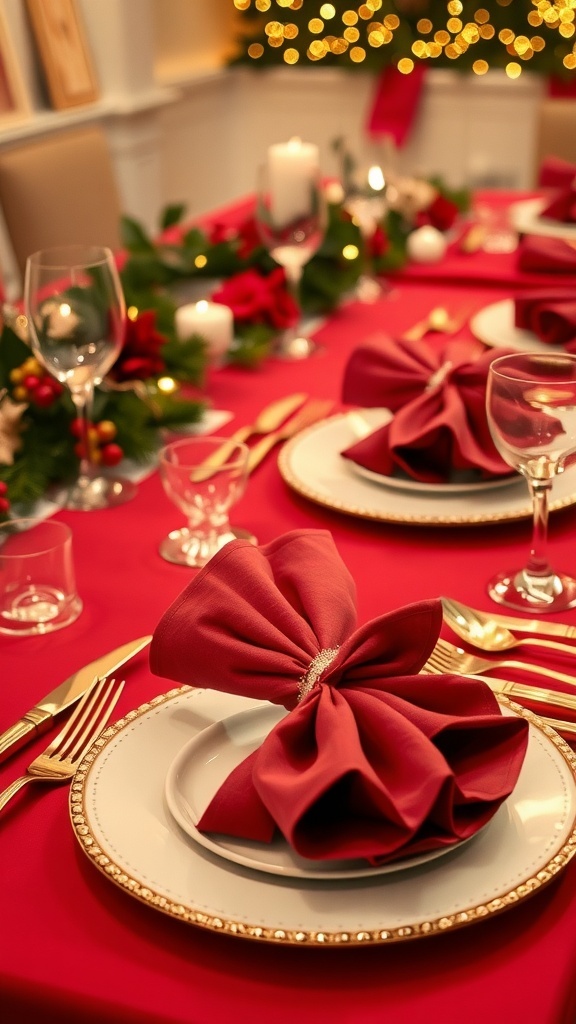 A festive Christmas dinner table with elegantly folded napkins, gold cutlery, and decorative elements.